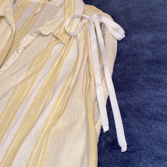 Free People Yellow and White Striped Cinched Shoulder Collared Button Down Top - Picture 4 of 9